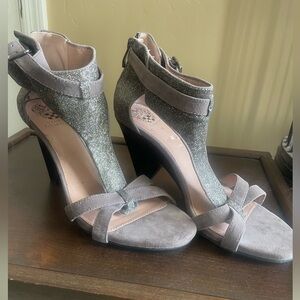 Vince Camuto Beige Suede and Bronze Glitter Wedge Heels